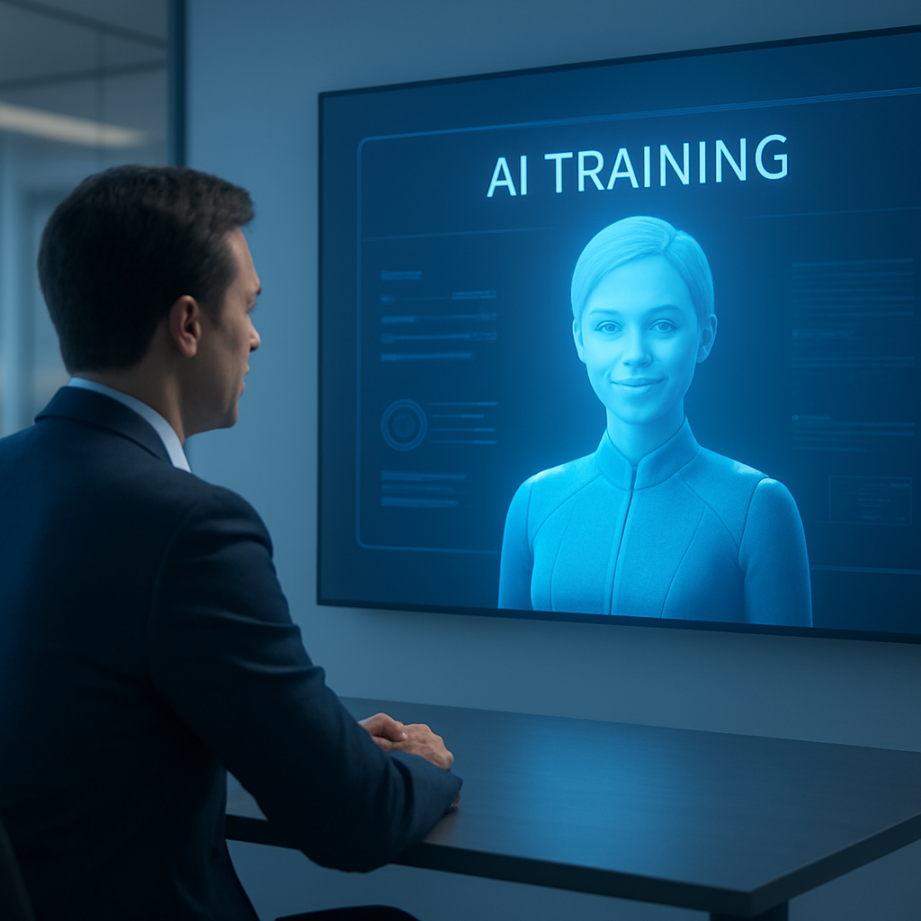 A learner practising a real-time spoken conversation with an AI training persona